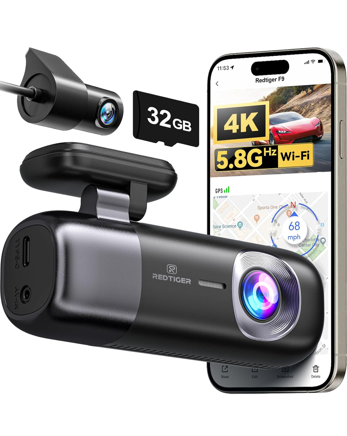 Redtiger F9 - Dash Cam 4K Front and Rear 1080P, 5.8GHz WiFi GPS Car Camera with 32GB Card, Dual Dash Camera for Cars, Loop Recording, Night Vision, Parking Mode, App Control, Support 256GB Max