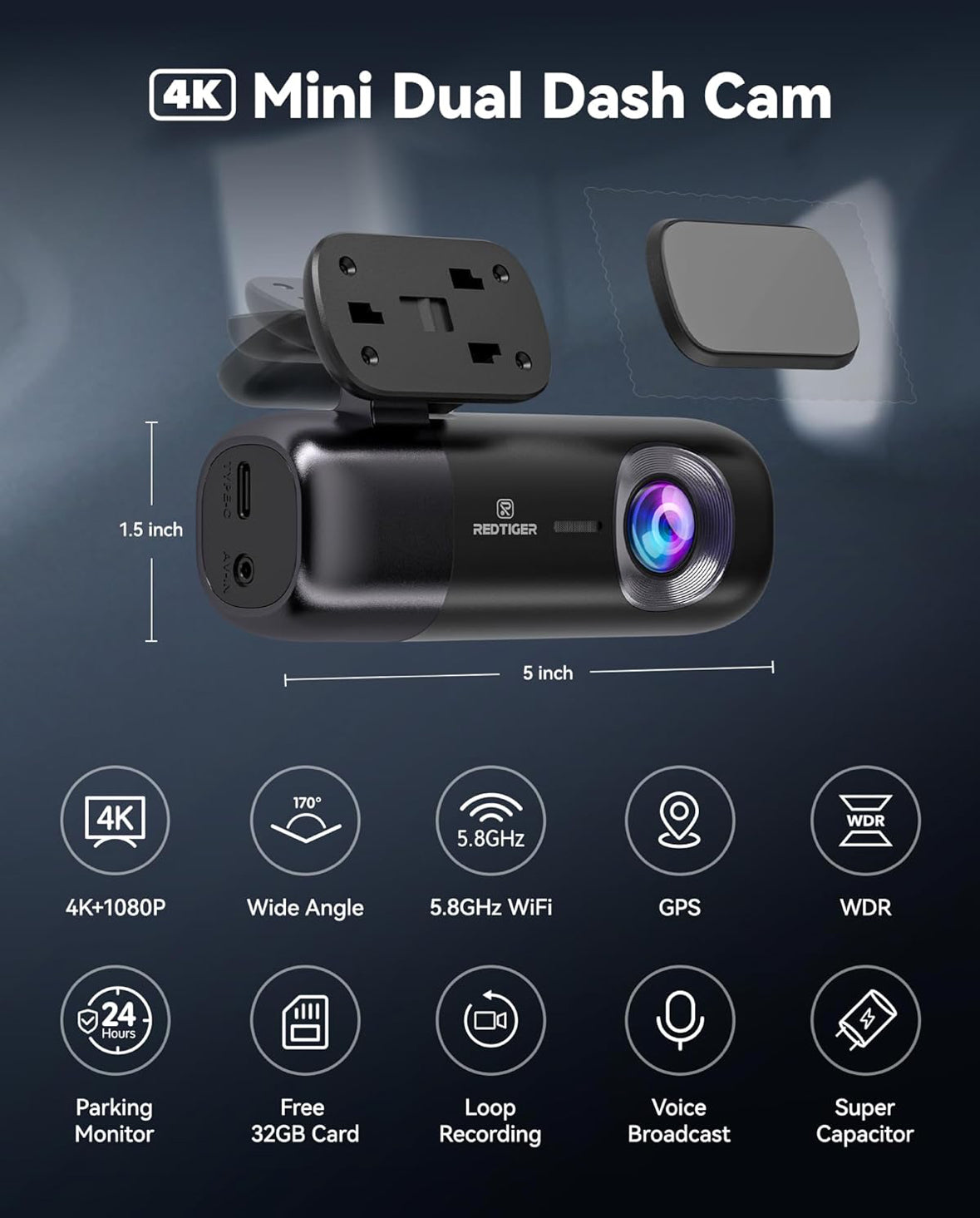 Redtiger F9 - Dash Cam 4K Front and Rear 1080P, 5.8GHz WiFi GPS Car Camera with 32GB Card, Dual Dash Camera for Cars, Loop Recording, Night Vision, Parking Mode, App Control, Support 256GB Max