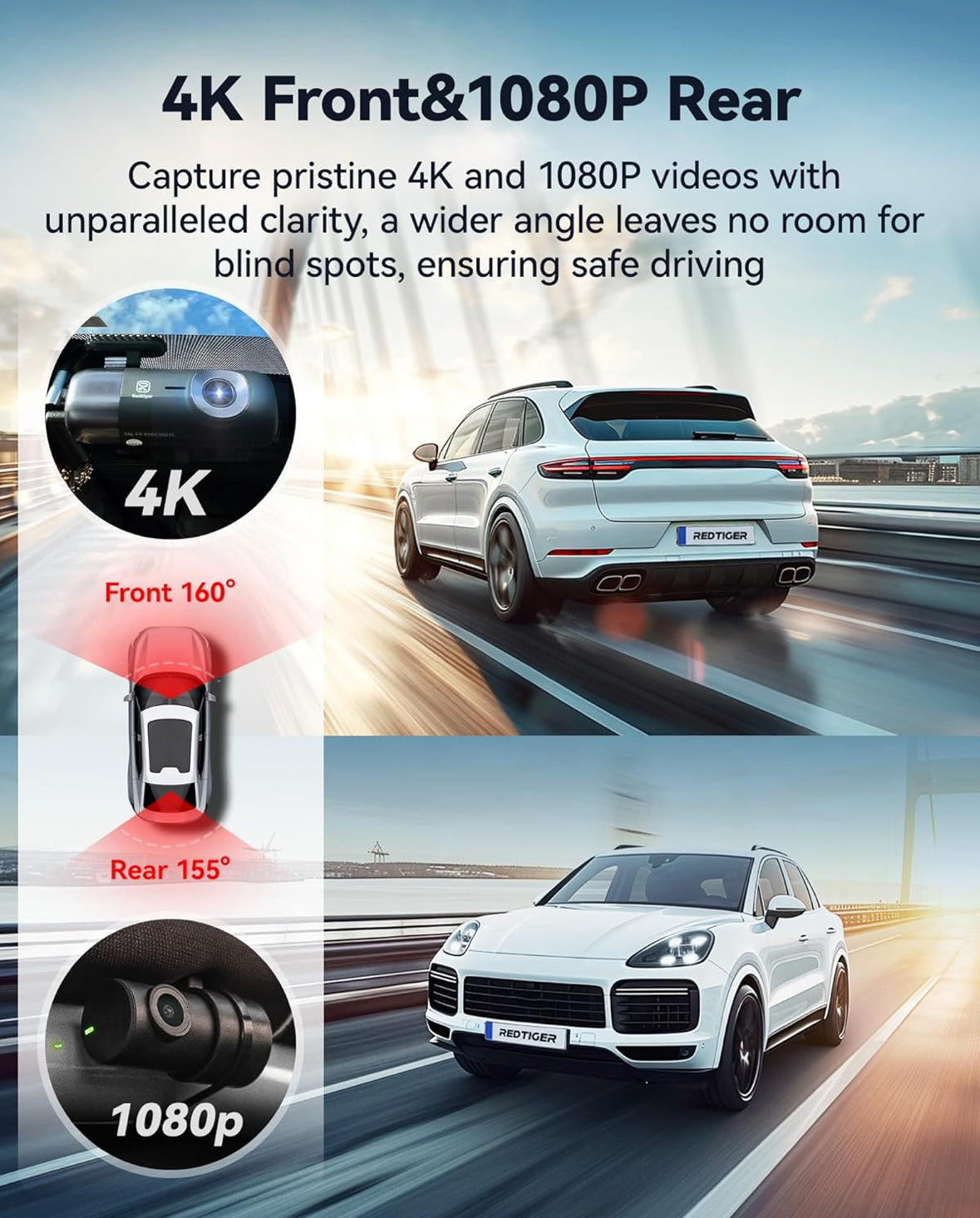 Redtiger F9 - Dash Cam 4K Front and Rear 1080P, 5.8GHz WiFi GPS Car Camera with 32GB Card, Dual Dash Camera for Cars, Loop Recording, Night Vision, Parking Mode, App Control, Support 256GB Max
