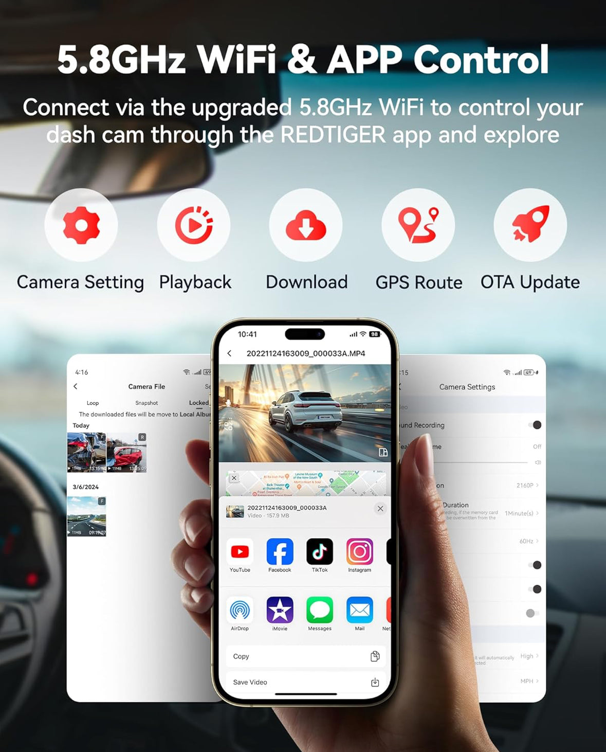 Redtiger F9 - Dash Cam 4K Front and Rear 1080P, 5.8GHz WiFi GPS Car Camera with 32GB Card, Dual Dash Camera for Cars, Loop Recording, Night Vision, Parking Mode, App Control, Support 256GB Max