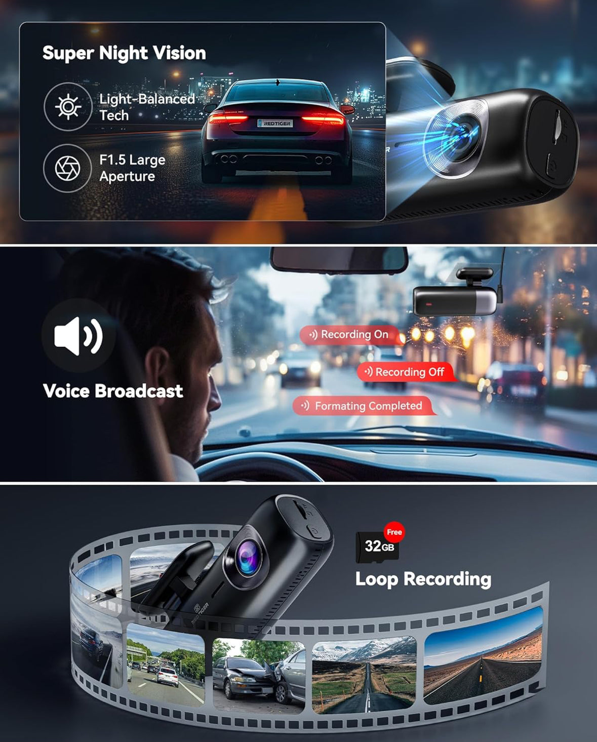 Redtiger F9 - Dash Cam 4K Front and Rear 1080P, 5.8GHz WiFi GPS Car Camera with 32GB Card, Dual Dash Camera for Cars, Loop Recording, Night Vision, Parking Mode, App Control, Support 256GB Max