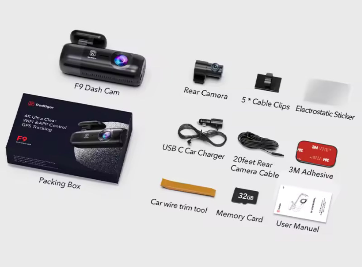 Redtiger F9 - Dash Cam 4K Front and Rear 1080P, 5.8GHz WiFi GPS Car Camera with 32GB Card, Dual Dash Camera for Cars, Loop Recording, Night Vision, Parking Mode, App Control, Support 256GB Max