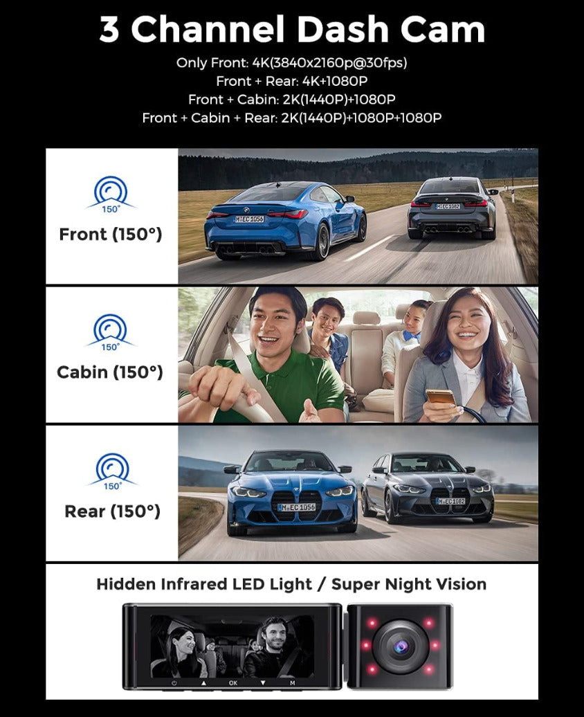 AZDOME M550 Pro 3 Channel Car Dash Cam, Front Inside Rear, 4K GPS WiFi