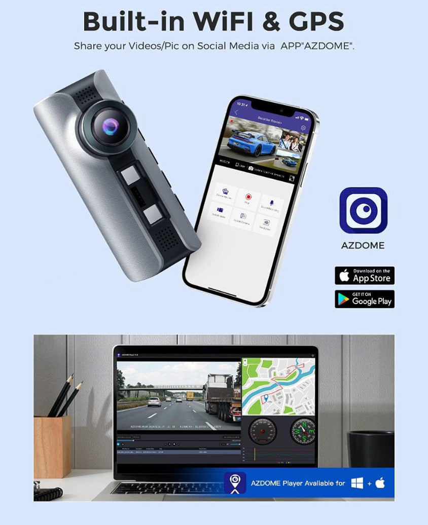 AZDOME M550 Pro 3 Channel Car Dash Cam, Front Inside Rear, 4K GPS WiFi