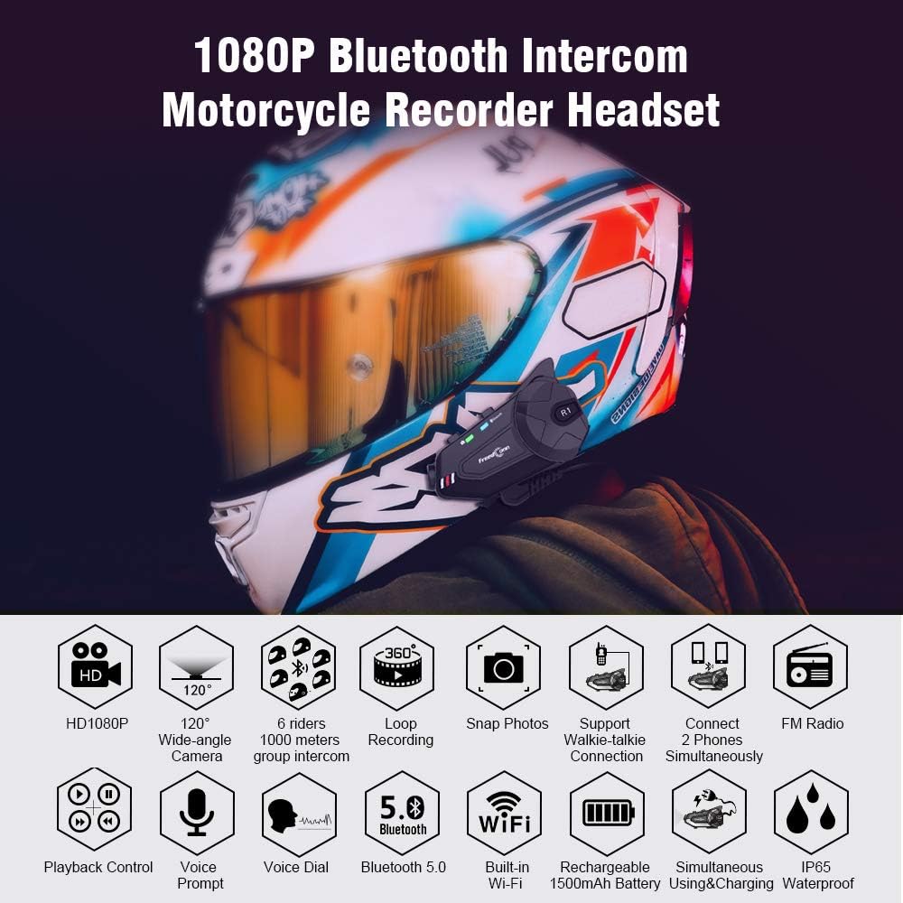 Freedconn R1 Plus 1000M Motorcycle Helmet Intercom And Camera Bluetooth Headset