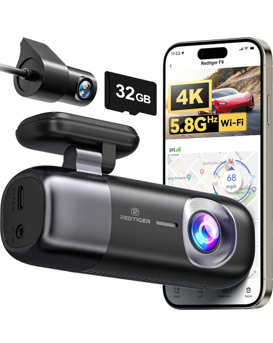 Redtiger F9 - Dash Cam 4K Front and Rear 1080P, 5.8GHz WiFi GPS Car Camera with 32GB Card, Dual Dash Camera for Cars, Loop Recording, Night Vision, Parking Mode, App Control, Support 256GB Max