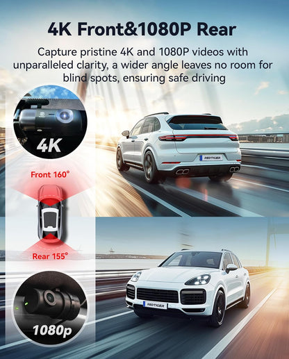 Redtiger F9 - Dash Cam 4K Front and Rear 1080P, 5.8GHz WiFi GPS Car Camera with 32GB Card, Dual Dash Camera for Cars, Loop Recording, Night Vision, Parking Mode, App Control, Support 256GB Max