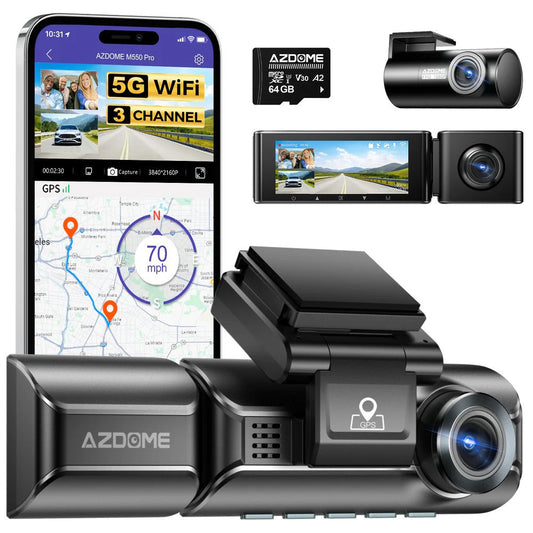 AZDOME M550 Pro 3 Channel Car Dash Cam, Front Inside Rear, 4K GPS WiFi